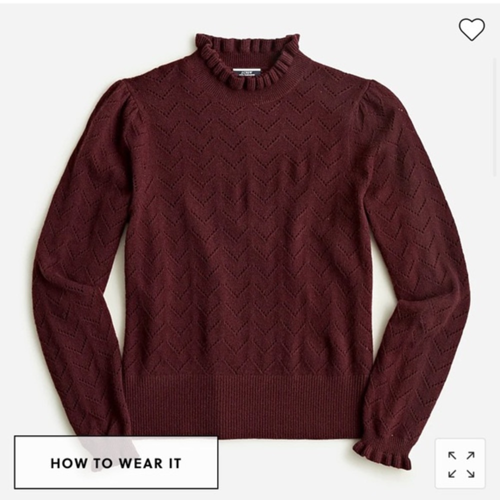 ❌SOLD❌NWT Jcrew Cashmere pointelle mockneck ruffle sweater - Midnight Burgundy